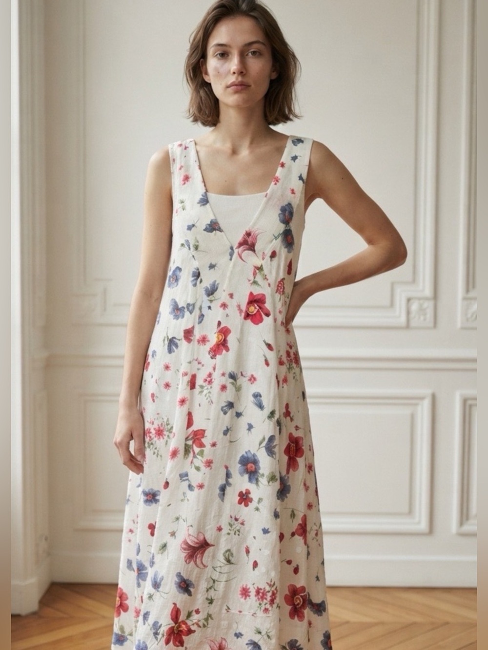 Me & Gee 100% Linen Sleeveless  Mid Dress with- Red & Blue Flowers